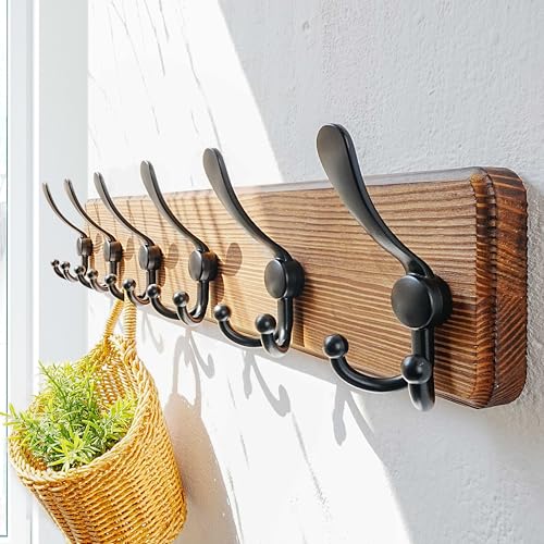 Coat Rack Wall Mounted - 24" Long 6 Tri Hooks, Heavy Duty Wooden Wall Coat Hanger Coat Hook for Clothes Hat Jacket Clothing, Natural and Black - color: Natural & Black, size: L=24"