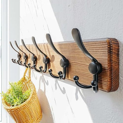 Coat Rack Wall Mounted - 24" Long 6 Tri Hooks, Heavy Duty Wooden Wall Coat Hanger Coat Hook for Clothes Hat Jacket Clothing, Natural and Black - color: Natural & Black, size: L=24"