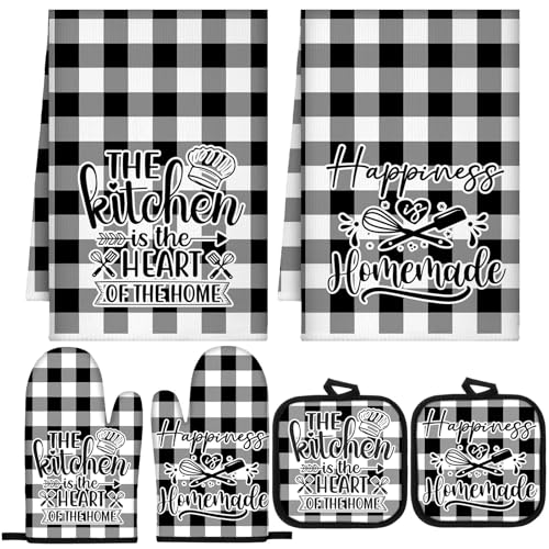 Sratte 6 Pcs Kitchen Decor Accessories Set Farmhouse Towels Pot Holders Oven Mitts Set 2 Dish Towels 2 Potholders 2 Cooking Mittens Oven Glove for Christmas Baking Cooking Supply(Black White,Kitchen) - color: Black White, style: Kitchen
