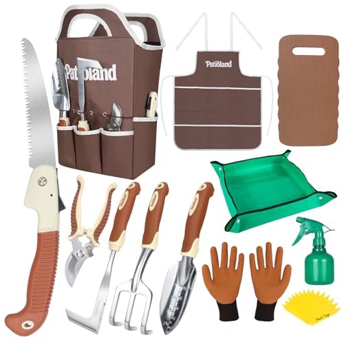 Brown Garden Tools Set 26-Piece, Gardening Gifts for Women Men | Aluminum Gardening Hand Tools w/Ergonomic Handles, Garden Handbag, Kneeling Pad, Repotting Mat, Water Sprayer&15 Plant Tags - color: brown-26pcs