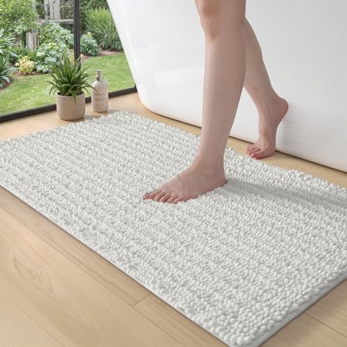 DEXI Bathroom Rugs 43x24, Super Soft Thick Chenille Absorbent Bath Mat, Non Slip Machine Washable Fluffy Shag Bathmat for Tub, Shower Floor, White - color: White, size: 43" X 24" (Rectangular)