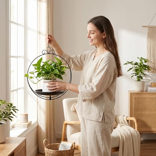 Hanging Planter for Indoor Outdoor Plant, Plant Hanger, Hanging Plant Tray | Metal, Wall Ceiling, Window, Plant Hangers Kit with Trays and Chains for Succulents, Pothos, Herbs, Balcony, Patio - style: hanging planter tray