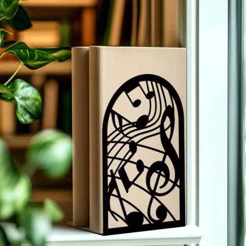Musical Metal Book Ends Non-Skid Black Unique Bookend Decorative Heavy Book Ends for Shelves Heavy Duty Study Book Support Stoppers for Desk Musical Note 7x4.7x3.5 inch 1 Pairs/2 Pcs - style: Musical Note