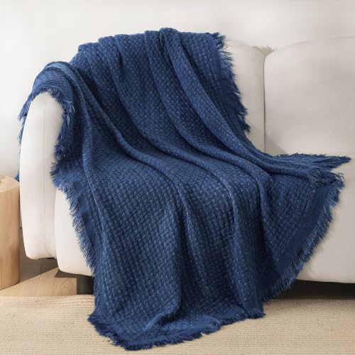 Exclusivo Mezcla Knit Blanket Twin Size with Fringes for Bed, Navy Blue | 100% Acrylic Lightweight and Breathable Woven Blanket for Summer, Super Soft Decorative Blanket with Tassel for Dorm, 60"x80" - color: Navy Blue, size: Twin (60"x80")