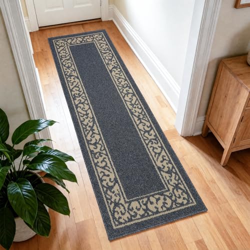 Washable Runner Rug 2x6 Ft, Non-Slip Hallway Rug with Rubber Backing, Kitchen Runner, Low Profile Indoor Carpet for Entryway, Laundry Room, Bedroom.((Border Navy 24''x72'') - color: Border Navy, size: 2' x 6' (Rectangular)