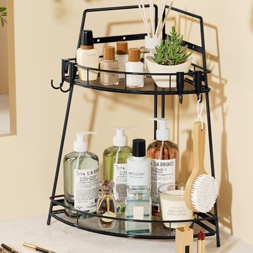 VITVITI 2 Tier Bathroom Counter Organizer Corner Vanity Shelf Storage Black | Metal Bathroom Countertop Organizer, Bath Room Sink Makeup Organizers for Vanity Perfume Skincare with Hooks - color: Black