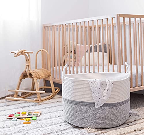 OrganiHaus Round Toy Basket & Blanket Basket, Cotton Rope 20x13" | Striped Gray - Round Cotton Rope Basket, 20x13" - color: Striped Gray, size: Wide