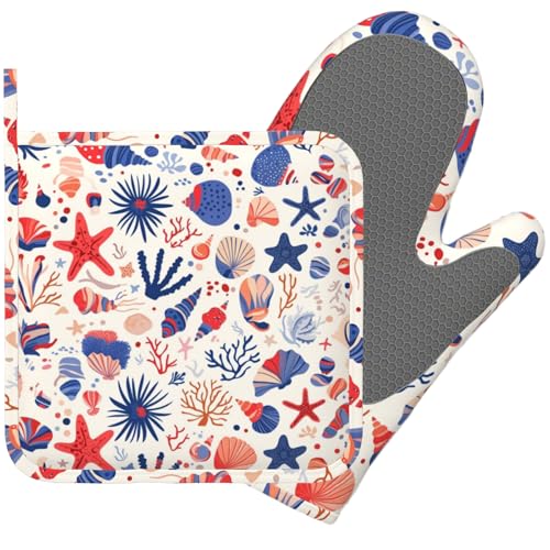 Nautical Coastal Oven Mitts and Pot Holders Sets Starfish Seashell Coral Beach Non-Slip Silicone Surface for BBQ Gloves,Kitchen,Cooking,Baking,Grilling - color: Nautical Coastal