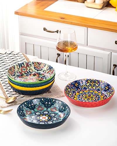 HENXFEN LEAD Pasta Salad Bowls Set of 6, Wide and Shallow Serving Bowls for Kitchen 32 Oz - 8 Inch Porcelain Soup Bowl, Pasta Plates Dishwasher & Microwave Safe - Bohemian style | Assorted Patterns, 8 Inch Pasta Plates with Wide and Shallow Design, Microw