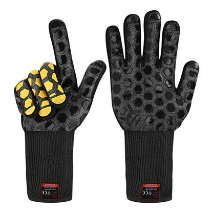 J H Heat Resistant Oven Glove:EN407 Certified 932 °F, 2 Layers Silicone Coating, Oven Mitts for Cooking, Kitchen, Fireplace,Camping, Grilling (Black/Yellow, Extra Long Cuff) - color: Black/Yellow, size: Extra Long Cuff