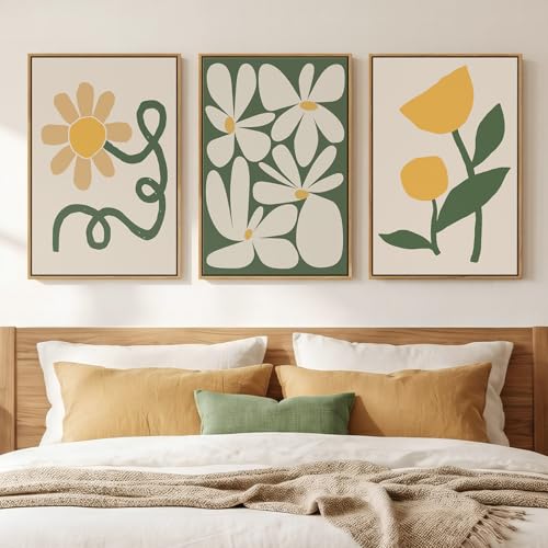 Framed Boho Abstract Wall Art Bedroom, 3 Piece Green and Yellow Mid Century Modern Canvas Artwork for Walls, Paintings Prints Botanical Floral Pictures for Living Room Dining Room Wall Decor, 16x24 In - color: Green and Yellow, size: 16" W x 24" H x 3Pcs