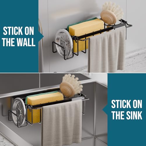 TAILI 4-in-1 Sponge Holder for Kitchen Sink with Strong Suction Cup-Black | Removable Rustproof 304 Stainless Steel Multi-compartment Sponge Holder with Suction Cup, Keeps Brushes & Scrubbers Tidy - color: Black, size: 7.28" x 2.36"