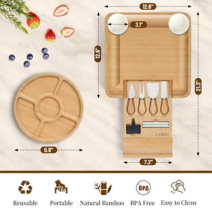Bamboo Charcuterie Board Set with Lid, Drawer and Fruit Tray, Black | Includes serving utensils for easy entertaining; a thoughtful gift for housewarmings, weddings, birthdays and bridal showers. - color: Black