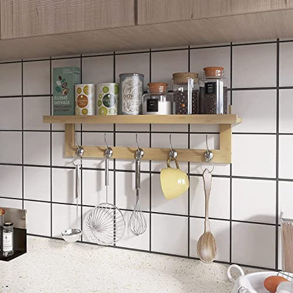 SMIBUY Coat Hooks with Shelf Wall-Mounted, 29.2 Inch Entryway Coat Rack for Wall, Bamboo Hanging Shelf with 5 Double Metal Hooks for Bathroom, Bedroom, Kitchen, Living Room, Mudroom (Natural) - color: Natural