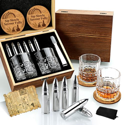 Whiskey Glasses Set with Stainless Steel Cooling Stones, for Men | Ideal for Birthday, Christmas, Gift for Dad Husband Boyfriend, Keeps Drinks Cold Without Dilution, Classic Home Bar Accessory