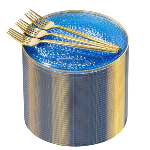 Rubtlamp 200 Pcs Blue Dessert Plates, 6 Inch Gold Rim Hammered Appetizer Plates WIth Gold Dessert Fokrs, Small Fancy Salad Plates Include 100 Cake Plate 100pcs 6inch Forks for Party Bridal Teatime - color: Blue gold