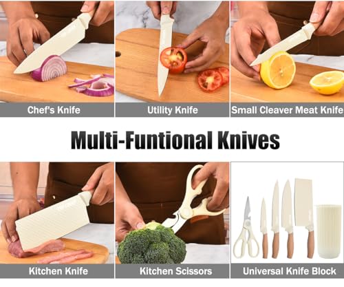 Knife Set, Wiztoynia 6-Piece Beige Kitchen Knife Set for Home, Anti-Rust Non-stick Stainless Steel Sharp Chef Knife Set with Universal Knife Block for Kitchen, Ergonomical Design (Beige) - color: Beige