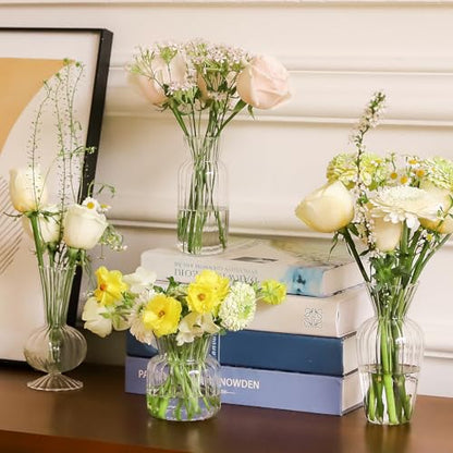 12 Pcs Ribbed Glass Bud Vases Set, 4 Styles Clear Small Flower Vases | Mini Vases in Bulk, Roman Column Vertical Ribbed Design for Wedding, Home Decor, Table Centerpieces, Party