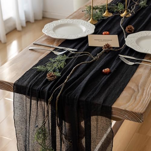 3Pcs Halloween Holiday Black Cheesecloth Table Runner 120 Inch for Decor | For Wedding Baby Shower Bridal Shower Birthday Engagement Party 10FT Rustic Boho Goth Home Decorations - color: Black, size: 35"x120"(Pack of 3)