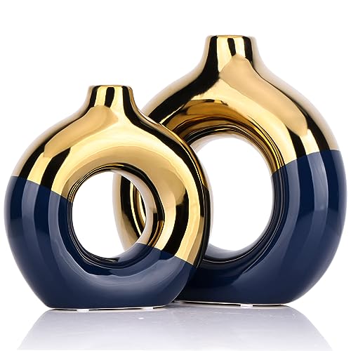 Navy Blue and Gold Ceramic Vase Set of 2,Round Donut Hollow Flower Vases for Home Decor Accents,Modern Minimalist Centerpiece Table Decorations,Wedding,Living Room,Bookshelf,Office,Entryway - color: Blue