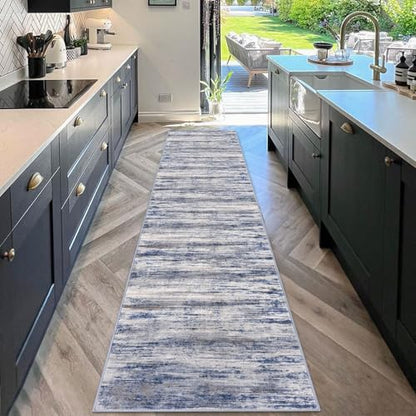 KOZYFLY Modern Abstract Kitchen Runner Rug, 2x10 Washable Rug Runner Non-Slip Soft Striped Hallway Runner Rugs, Grey Blue Print Carpet Runner for Entryway Bathroom Laundry Room Foyer - color: Blue-grey, size: 2' x 10' (Runner)