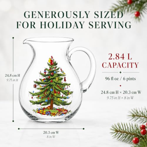 Spode Christmas Tree Glass Pitcher with Handle - Festive Holiday Beverage Server, Seasonal Drinkware for Entertaining, 6 Pint Capacity, Classic Glass Serveware - Celebrate Christmas Traditions - style: Christmas Tree Glassware
