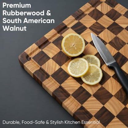 End Grain Checkerboard Cutting Board, Premium Butcher Block with Juice Groove & Built-in Handles, Reversible Wooden Chopping Board for Kitchen Prep, Meat & Charcuterie
