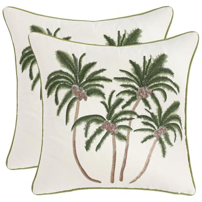 Embroidered Throw Pillow Covers 18x18 Pack of 2 Green Coconut Trees | Ocean-Themed,Durable Fabric,Square Pillow Cover,Boho Decorative,Hidden Zipper,Aesthetic Design,Ideal Gift,Machine Washable - color: Green Coconut Palm Trees