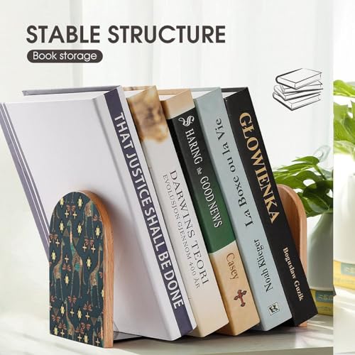 Personalized Wood Book Ends Metal Base Giraffe Pattern Design Printing Bookend Modern Heavy Duty Bookends for Home Or Office 1 Pair - color: Giraffe Pattern Design