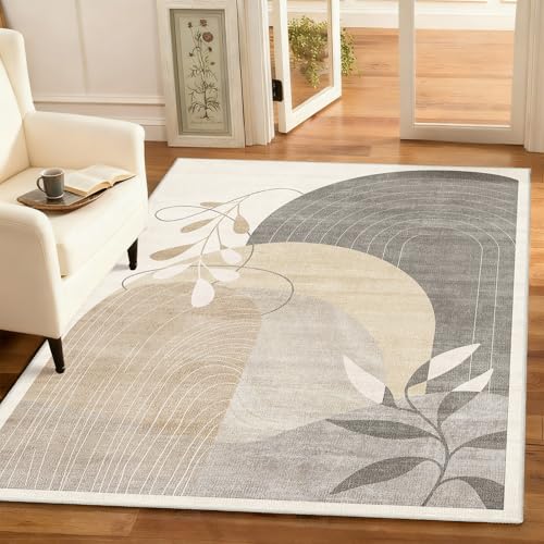 3x5 Rug Washable Area Rugs Low Pile Non Slip Mid Century Modern | Small Throw Carpet for Bedroom Entryway Living Room Office Bedside Indoor Boho Abstract Retro Geometric Neutral Beige - color: Beige（modern）, size: 3' x 5' (Rectangular)