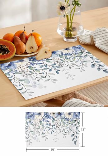 Table Runner and Placemats Set of 4 Blue Flowers Eucalyptus Leaves Decorative Dining Table Runner with Matching Placemats Branch Plant Table Decor for Kitchen Dining Room and Everyday Use 13x90in - size: 13"x90"+4pcs