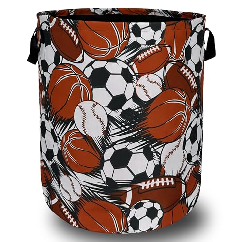 Football Basketball Laundry Basket Oxford Cloth Foldable Hamper 18.9x16.5In | Funny Sports With Handle Tote Bag Laundry Hamper Clothes Storage Bucket Toy Organizer For Bathroom/Laundry/Bedroom - color: Hand Drawn Football and Basketball