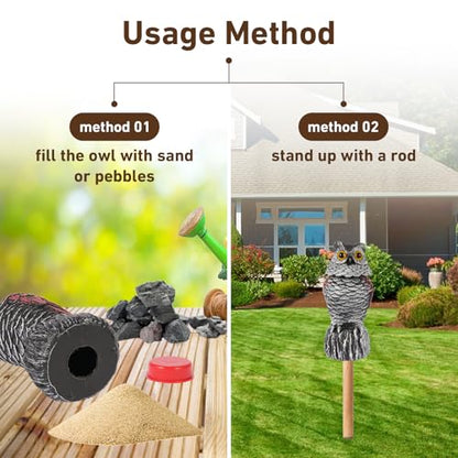Owl Decoys to Scare Birds Away, 2 Pack BobbleHead Fake Owls Plastic Scarecrow Bird Deterrent, Nature Enemy Scarecrow Plastic Owl Statues, Garden Decor Statues for outside, Patio, Lawn, Yard Decoration