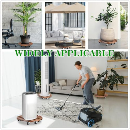 2 Pack 16" Plant Caddy with 7 Wheels, Rolling Plant Stand 500 LB Heavy Duty Wooden Round Plant Dolly with Metal 360° Lockable Caster Wheels for Outdoor Indoor Large Plant Pots, Flower Pot, Patio - size: 16"+16"
