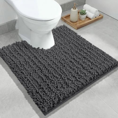 ILANGO Toilet Rugs U Shaped Dark Grey 24x24 Bathroom Rugs,Extra Soft Absorbent Chenille Bath Rugs,Thick Non-Slip Shaggy Bath Mat,Machine Washable Quick Dry Bath Mats for Toilet Contour - color: Dark Grey, size: 24"×24" Toilet Rug