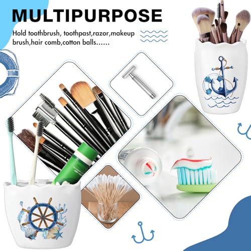 Nautical Bathroom Accessories Set of 4, Coastal Lighthouse Compass Anchor Sailboat Tumbler Soap Dispenser Toothbrush Holder Soap Dish for Ocean and Sea Coastal Theme Bathroom Decoration - style: Nautical