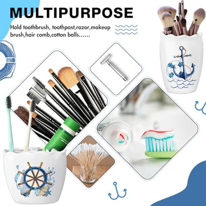 Nautical Bathroom Accessories Set of 4, Coastal Lighthouse Compass Anchor Sailboat Tumbler Soap Dispenser Toothbrush Holder Soap Dish for Ocean and Sea Coastal Theme Bathroom Decoration - style: Nautical