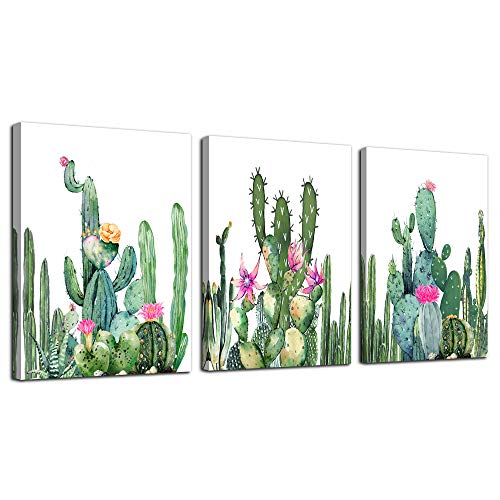 Canvas Wall Art for living room bathroom Wall Decor for bedroom kitchen artwork Canvas Prints green watercolor cactus painting 3Pieces abstract Modern framed office Home decorations family picture - color: White Background Green Cactus, size: 12x16inches*