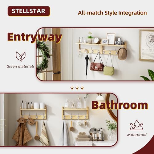 STELLSTAR Coat Rack with Shelf, 2 Pack Bamboo Wall-Mounted Coat Hanger with 8 Hooks for Entryway, Hallway, Kitchen, Bathroom, Living Room, Utility Room (Natural) - color: Natural