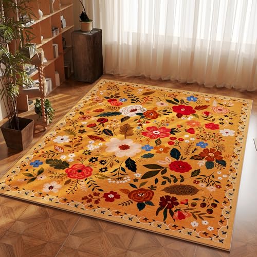 Rugcomf Area Rug 4x6 Rug Washable Boho Rugs Non Slip Low Pile Floral Small Carpet for Bedroom, Bedside, Kids Room, Office, Dining Room(Yellow) - color: Yellow Orange, size: 4' x 6' (Rectangular)
