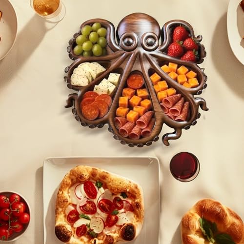 Octopus Charcuterie Board,15.5" x 13.8" Wooden Serving Tray Platter with Tentacle Design for Cheese Fruit Bread,Food Dish Serving Dishes,House Warming Gifts New Home,7 Compartments