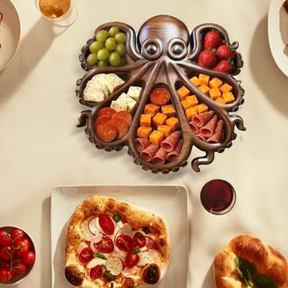 Octopus Charcuterie Board,15.5" x 13.8" Wooden Serving Tray Platter with Tentacle Design for Cheese Fruit Bread,Food Dish Serving Dishes,House Warming Gifts New Home,7 Compartments