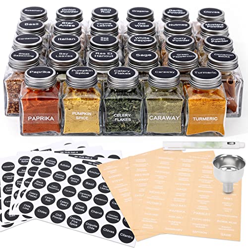 MIUKAA Unique Design Spice Jars with 372 Labels, 29-Pack 4.5 oz Personalized Cubic Clear Glass Spice Jars with Shakers, Lids, Empty Square Reusable Kitchen Storage Containers