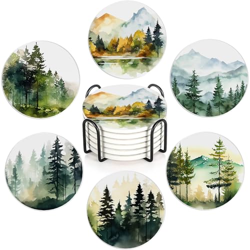 Table Coaster for Drinks Set of 6, Watercolor Misty Forest Round Ceramic Coasters,with Cork Base and Metal Holder,Great Housewarming Birthday Gifts,Home Decor - color: Watercolor Misty Forest