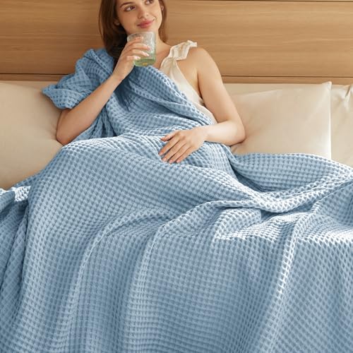 Bedsure Lightweight 100% Cotton Waffle Blanket, Queen, Celestial Blue | Summer, Breathable, Soft, Comfort, Light, Thin, Textured, Bed, Couch, Sofa, Chair, 90"x90", Sheet Blanket, Cozy Gifts - color: Celestial Blue, size: Queen (90" X 90")