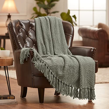 Chanasya Premium Textured Knit Throw Blanket with Tassels - Soft, Cozy Blanket for Couch, Bed, Living Room - 50" x 65” - Tan Sage - color: A(tan Sage)