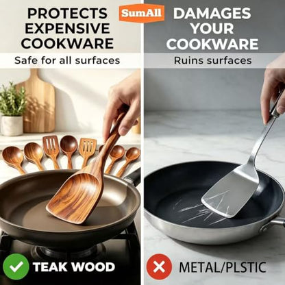 6 PCs Teak Wooden Utensil Set with Hooks, Wooden Spoons for Cooking, Wood Cooking Utensils Set, Comfort Grip, Non Stick Cookware, Easy to Clean, Kitchen Stuff, Wood Spatula