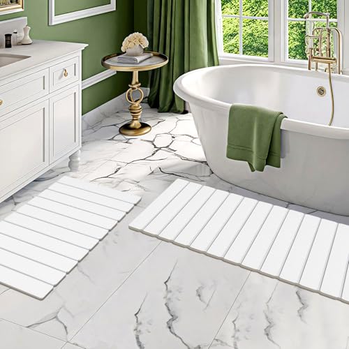 2 Pack Stone Bath Mats Foldable Non-Slip Quick Dry Bathroom Rugs | White Super Absorbent Diatomaceous Earth. Folds Flat for Compact Storage. Easy to Clean. Sandpaper Included for Stain Removal - color: White, size: 15×24" + 15×32" Rug + 2 × Non-slip Mat