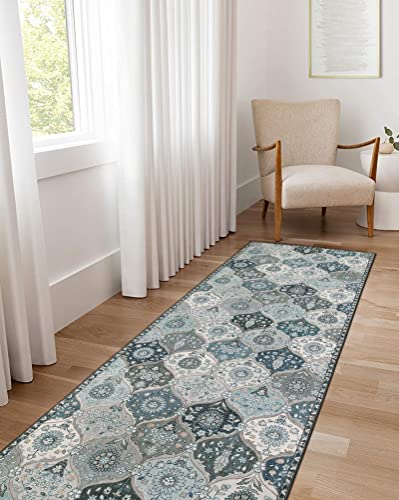 Lahome Moroccan Washable Runner Rug, 2'5''x8' Kitchen Runners for Hallways | Ultra-Thin Vintage Oriental Non-Slip Hallway Rug Carpet for Entryway Bedroom Laundry Room Foyer Elise, Blue - color: Dusty Blue Grey, size: 2'5'' X 8' (Runner)