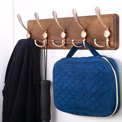 SKOLOO Rustic Pine Wood Wall Coat Rack with 5 Triple Hooks, 16" Stud Spacing, Farmhouse Wall Mounted Coat Rack for Hanging Backpack, Jacket, Hat - color: Brown Plate & Antique Hook, size: 1 Item-5 Hooks